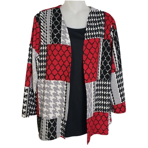 Alfred Dunner Womens Cardigan Size Small Built In Tank Patchwork 3/4 Sleeve Red - Picture 1 of 8